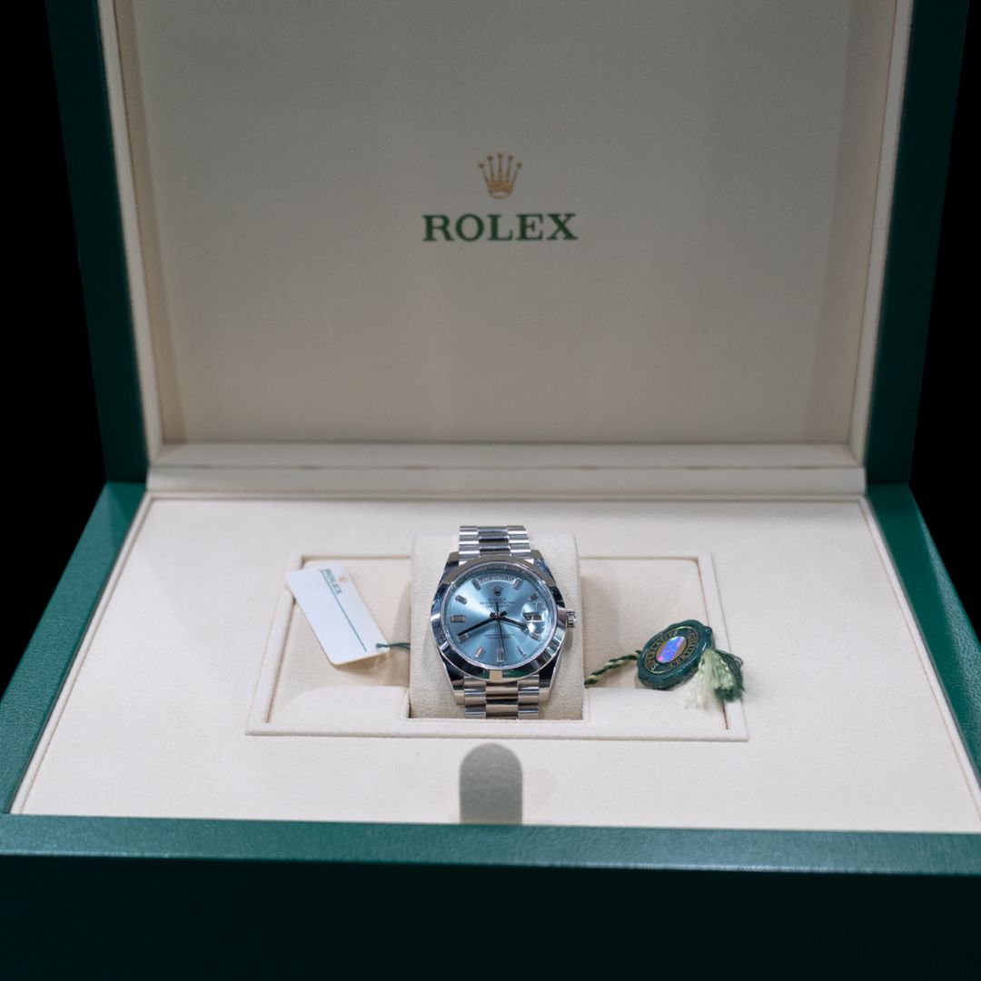 Platinum Rolex Daydate President, Iced Blue Diamond markers 40mm 2021 Full Set