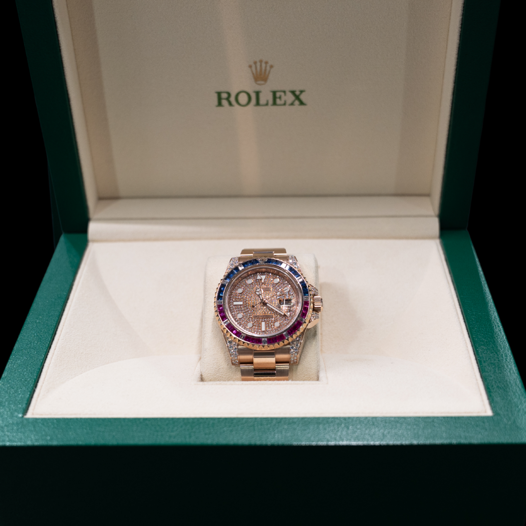 Rolex GMT II 2021 Custom Rose Gold 18kt Diamonds Sapphire/Ruby Full Set