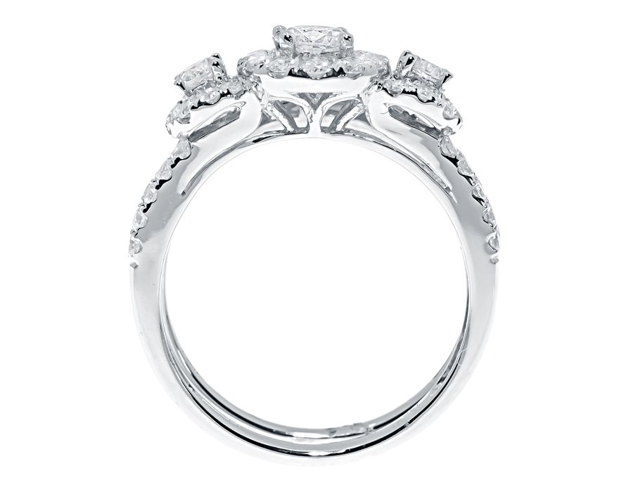 3 Stone Halo Bridal Ring Set in 14k White Gold (1.50 ct)