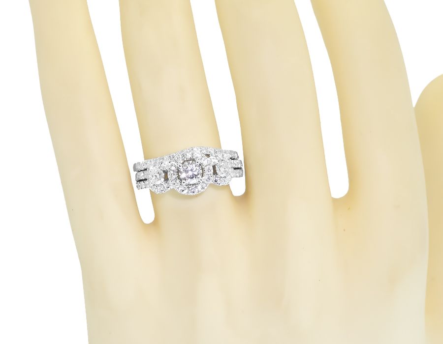 3 Stone Halo Bridal Ring Set in 14k White Gold (1.50 ct)