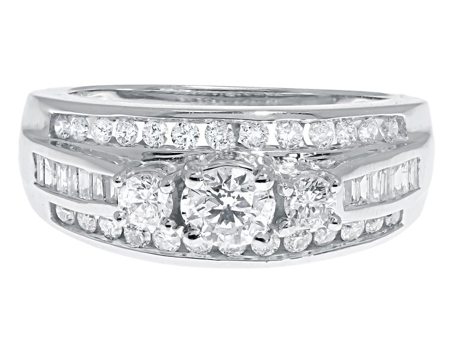 14k White Gold Three Stone Ring with Round and Baguette Diamonds (1.0 ct)